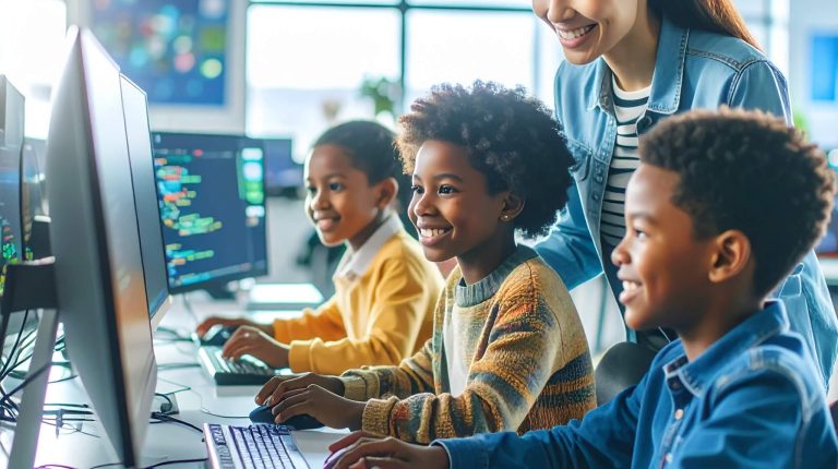 Firefly_A modern ICT lab in a school, with four young African-American children sitting at sl 734387