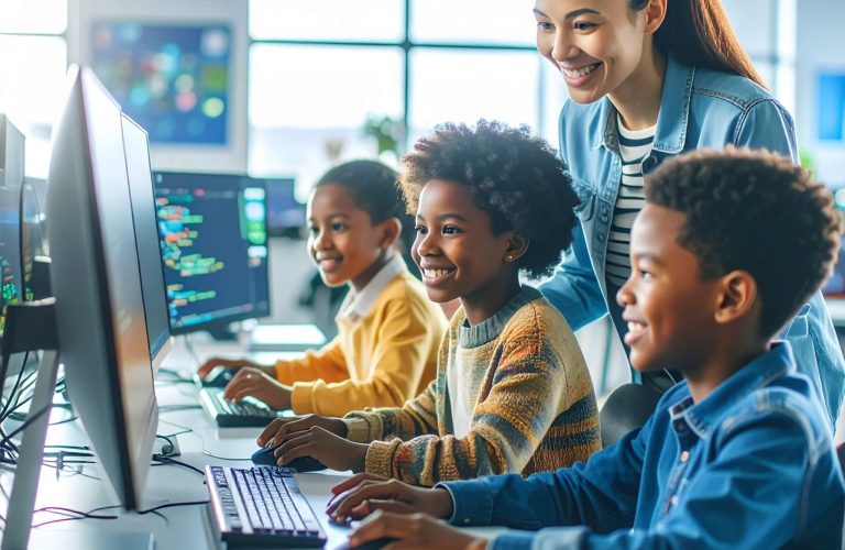 Firefly_A modern ICT lab in a school, with four young African-American children sitting at sl 734387